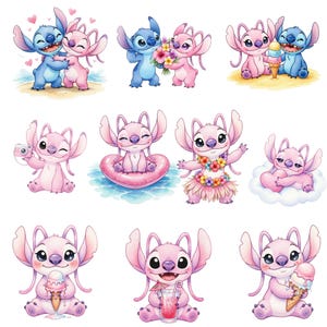 Puede incluir: Una colecci&oacute;n de ilustraciones en acuarela con los personajes Stitch y Angel. Las im&aacute;genes muestran a los personajes en varias poses, incluyendo abrazos, sosteniendo flores y comiendo helado. La paleta de colores es principalmente azul y rosa.