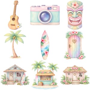 Puede incluir: Ilustraciones en acuarela de un ukelele, c&aacute;mara, tiki, palmera, tabla de surf, puerta y caba&ntilde;as de playa. Las im&aacute;genes presentan colores pastel, flores tropicales y un tema de playa.