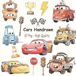Paquete de acuarelas de Cars dibujadas a mano, Rayo McQueen en acuarela PNG, Clipart de Cars, Acuarela dibujada a mano Mater, Descarga digital instantánea