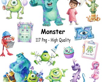 モンスターズ・インク水彩クリップアートバンドルPNG、モンスターズ・インククリップアート、マイク・サリー・ブー誕生日パーティークリップアート、かわいいモンスターズ・インクキャラクターPNG