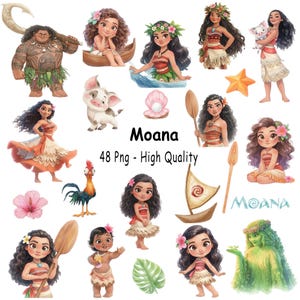 Könnte beinhalten: Eine Sammlung digitaler Illustrationen mit Charakteren und Symbolen aus dem Film Moana, darunter Moana in verschiedenen Altern, Maui, das Schwein Pua, der Hahn Heihei, Te Fiti, ein Boot, ein Paddel, eine Muschel mit Perle und eine Hibiskusblüte.