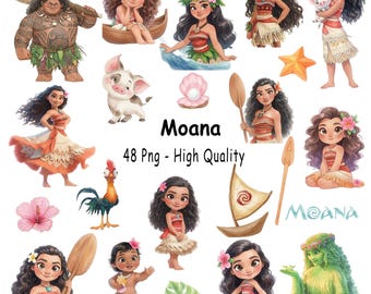 モアナ水彩クリップアートバンドルPNG、モアナクリップアート、オーシャントロピカルバースデーパーティークリップアート、かわいいモアナキャラクターPNG