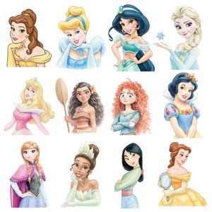 K&ouml;nnte beinhalten: Aquarellillustrationen von zw&ouml;lf Disney-Prinzessinnen. Jede Prinzessin ist von der Brust aufw&auml;rts dargestellt und zeigt ihre ikonischen Outfits und Frisuren. Zu den Prinzessinnen geh&ouml;ren Belle, Aschenputtel, Jasmin, Elsa, Aurora, Moana, Merida, Schneewittchen, Anna, Tiana, Mulan und Belle.