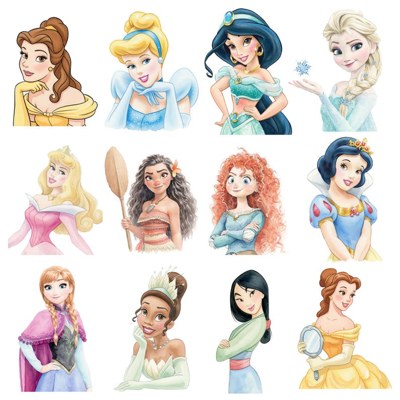 K&ouml;nnte beinhalten: Aquarellillustrationen von zw&ouml;lf Disney-Prinzessinnen. Jede Prinzessin ist von der Brust aufw&auml;rts dargestellt und zeigt ihre ikonischen Outfits und Frisuren. Zu den Prinzessinnen geh&ouml;ren Belle, Aschenputtel, Jasmin, Elsa, Aurora, Moana, Merida, Schneewittchen, Anna, Tiana, Mulan und Belle.