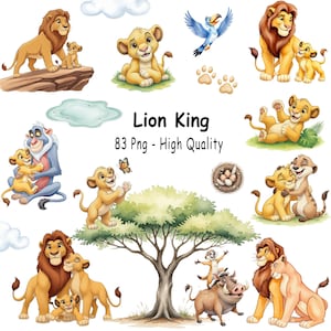 Puede incluir: Una colección de ilustraciones en acuarela con personajes de El Rey León. Las imágenes incluyen leones, cachorros, un pájaro, huellas de patas y otros elementos. El texto dice "Lion King 83 Png - High Quality".