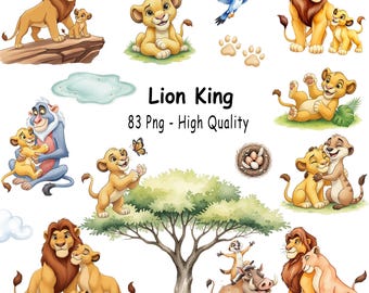 Kit digitale per bambini con acquerelli a tema Re Leone, Simba e amici, tema safari, Re Leone Baby, kit digitale ad acquerello, clipart per bambini