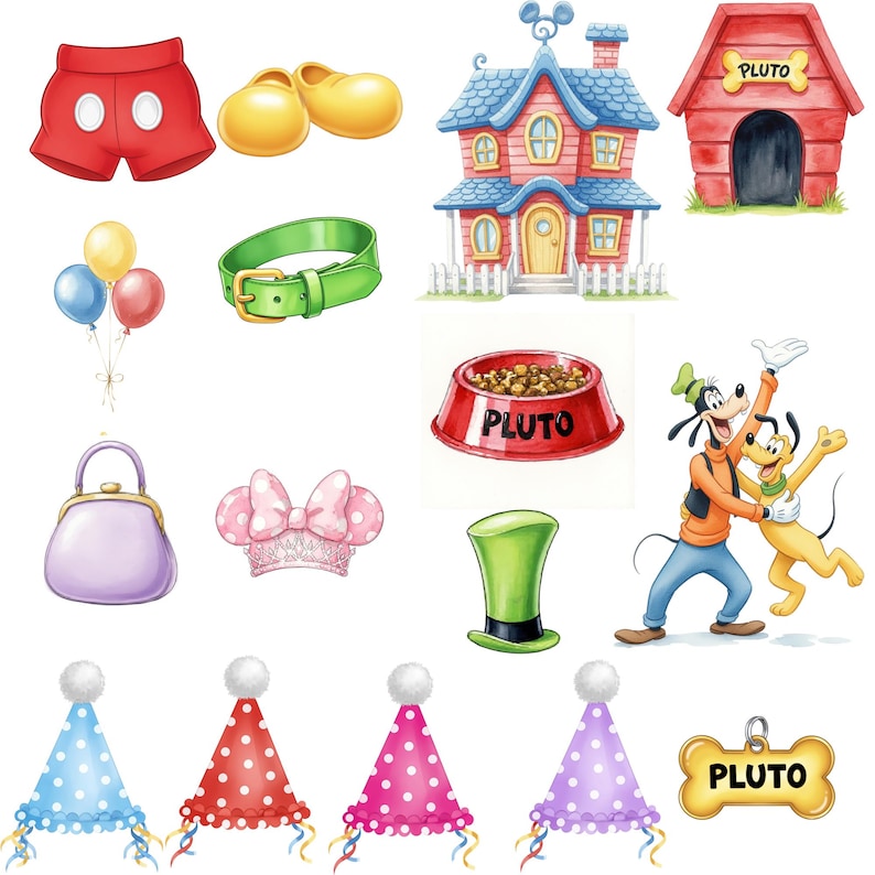 Puede incluir: Colecci&oacute;n de ilustraciones de dibujos animados con varios elementos. Incluye pantalones cortos rojos, zapatos amarillos, una casa, una caseta para perros con "PLUTO", globos, un collar verde, un bolso, un lazo rosa, un sombrero de copa verde, gorros de fiesta, un cuenco para perros con "PLUTO" y una chapa para perros con "PLUTO".