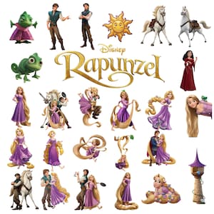 May include: A collection of Disney Rapunzel character stickers featuring Rapunzel in a purple dress, Flynn Rider, Maximus the horse, Pascal the chameleon, and the sun emblem. The central text reads Disney Rapunzel in gold lettering.