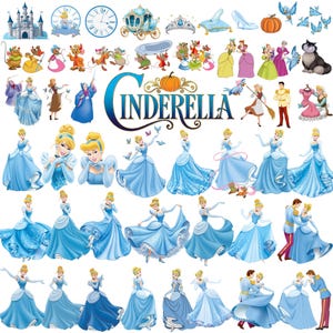 Op de afbeelding: Een verzameling digitale illustraties met het thema Assepoester, met het personage in verschillende blauwe jurken, het kasteel, een pompoenkoets, een glazen muiltje, een klok, muizen en de tekst CINDERELLA.