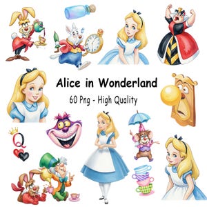 May include: A set of watercolour illustrations depicting characters from "Alice in Wonderland." Includes Alice, the White Rabbit, the Cheshire Cat, the Queen of Hearts, and other iconic elements. The text "Alice in Wonderland" and "60 Png - High Quality" is also present.