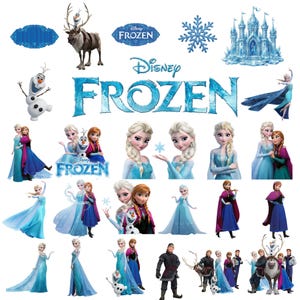 May include: A collection of Disney Frozen wall decals featuring Elsa, Anna, Olaf, Kristoff, and Sven. The set includes the Frozen logo, an ice castle, snowflakes, and various character poses in blue, purple, and brown tones on a white background.