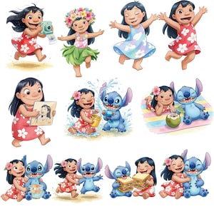 Puede incluir: Una colecci&oacute;n de ilustraciones en acuarela que presentan a una ni&ntilde;a y una criatura azul con aspecto de extraterrestre. La ni&ntilde;a se representa en varias poses, con un vestido rojo con flores blancas, e interactuando con la criatura. Las ilustraciones tienen un tema alegre y juguet&oacute;n.