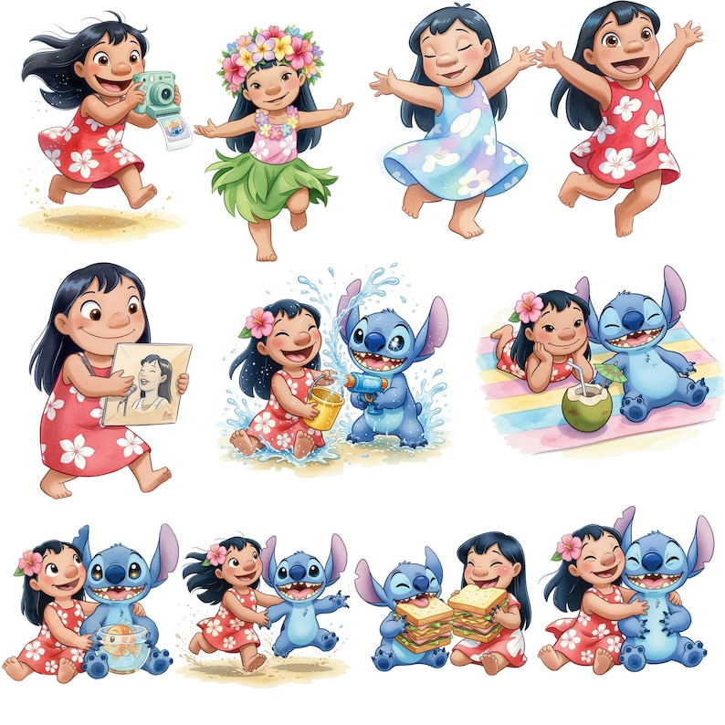 Puede incluir: Una colecci&oacute;n de ilustraciones en acuarela que presentan a una ni&ntilde;a y una criatura azul con aspecto de extraterrestre. La ni&ntilde;a se representa en varias poses, con un vestido rojo con flores blancas, e interactuando con la criatura. Las ilustraciones tienen un tema alegre y juguet&oacute;n.