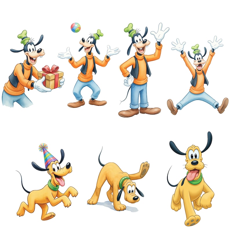 Puede incluir: Una colecci&oacute;n de ilustraciones de dibujos animados con Goofy y Pluto. Goofy se muestra en varias poses, con una camisa naranja, pantalones azules y un sombrero verde. Pluto se muestra en diferentes posturas juguetonas, con un abrigo amarillo y un collar verde.