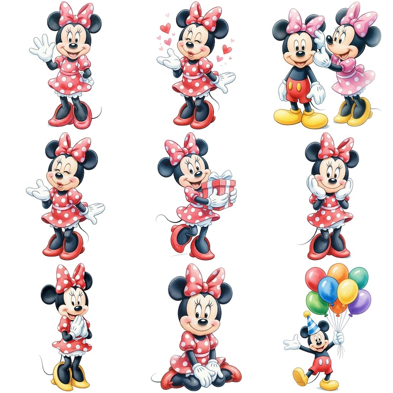 Puede incluir: Una colecci&oacute;n de ilustraciones de dibujos animados con Minnie Mouse en varias poses. Minnie Mouse est&aacute; representada con un vestido rojo con lunares blancos, un lazo a juego y zapatos negros. Algunas im&aacute;genes incluyen a Mickey Mouse y globos de colores.