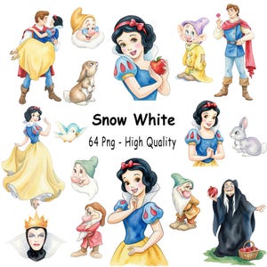 以下が含まれることがあります： 白雪姫、王子、七人の小人、悪の女王、森の動物たちが描かれたデジタルイラストのコレクション。中央には「Snow White 64 Png - High Quality」というテキストが配置され、その周囲に様々なキャラクターのグラフィックが並んでいます。