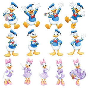 Puede incluir: Una colecci&oacute;n de ilustraciones de dibujos animados con el Pato Donald y la Pata Daisy. El Pato Donald se representa en varias poses, vistiendo una camisa de marinero azul, sombrero y pajarita roja. La Pata Daisy se muestra con un vestido morado con un lazo y zapatos rosas.
