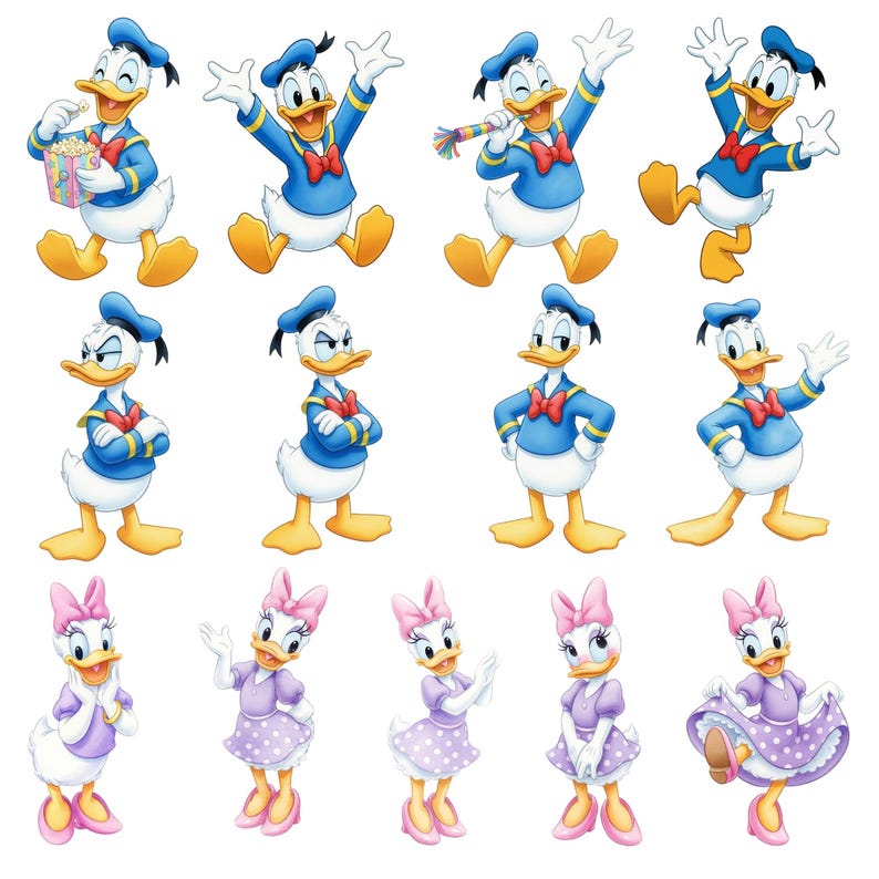 Puede incluir: Una colecci&oacute;n de ilustraciones de dibujos animados con el Pato Donald y la Pata Daisy. El Pato Donald se representa en varias poses, vistiendo una camisa de marinero azul, sombrero y pajarita roja. La Pata Daisy se muestra con un vestido morado con un lazo y zapatos rosas.