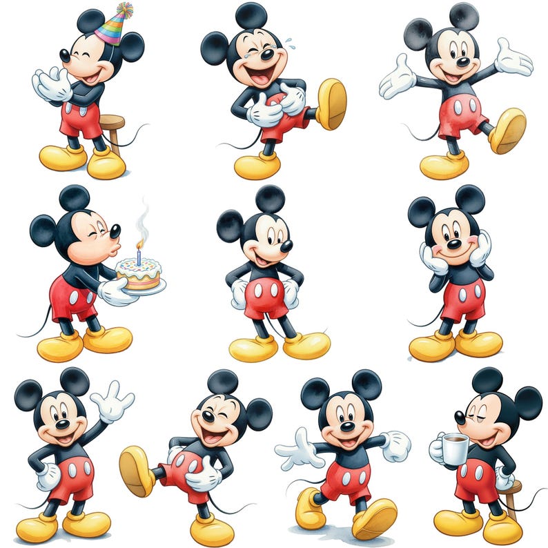 Puede incluir: Una colecci&oacute;n de nueve ilustraciones de Mickey Mouse en varias poses. Mickey se representa con sus ic&oacute;nicas orejas negras, pantalones cortos rojos, zapatos amarillos y guantes blancos. Algunas ilustraciones muestran a Mickey con un gorro de fiesta, una tarta de cumplea&ntilde;os o una taza de caf&eacute;.