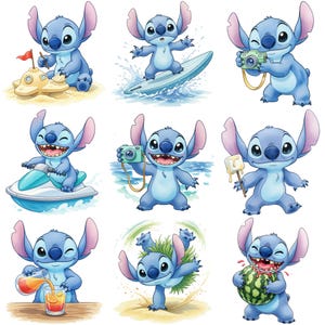 Puede incluir: Una colecci&oacute;n de nueve ilustraciones de dibujos animados del personaje Stitch de la pel&iacute;cula de Disney Lilo & Stitch. Stitch se representa en varias actividades de verano, como surfear, tomar fotos y comer sand&iacute;a. Las ilustraciones presentan colores brillantes y un estilo juguet&oacute;n.
