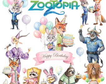 ズートピアの誕生日クリップアート 水彩画キャラクター | ジュディ・ホップス、ニック・ワイルドの誕生日パーティーデコレーション | すぐにダウンロード