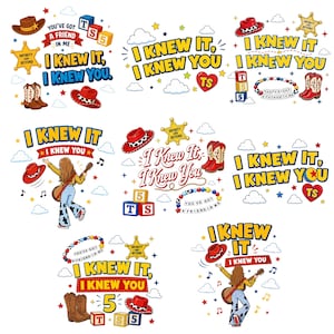 Puede incluir: Una colecci&oacute;n de dise&ntilde;os gr&aacute;ficos con el texto I KNEW IT, I KNEW YOU, sombreros de vaquero, botas, estrellas de sheriff, bloques de letras, pulseras de cuentas con YOU'VE GOT A FRIEND IN ME e ilustraciones de una persona tocando la guitarra.