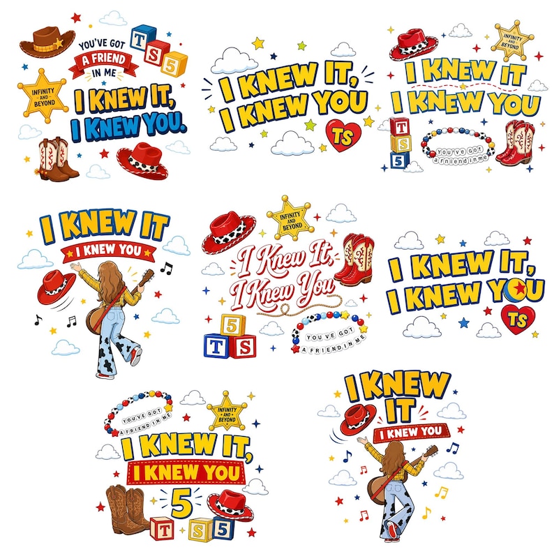 Puede incluir: Una colecci&oacute;n de dise&ntilde;os gr&aacute;ficos con el texto I KNEW IT, I KNEW YOU, sombreros de vaquero, botas, estrellas de sheriff, bloques de letras, pulseras de cuentas con YOU'VE GOT A FRIEND IN ME e ilustraciones de una persona tocando la guitarra.