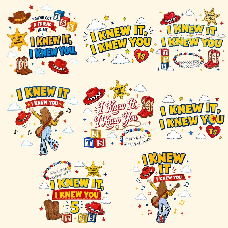 Puede incluir: Una colecci&oacute;n de ilustraciones digitales con sombreros de vaquero, botas, estrellas de sheriff, bloques de letras y pulseras de cuentas. Los dise&ntilde;os incluyen el texto I KNEW IT, I KNEW YOU, YOU'VE GOT A FRIEND IN ME, INFINITY AND BEYOND y TS.