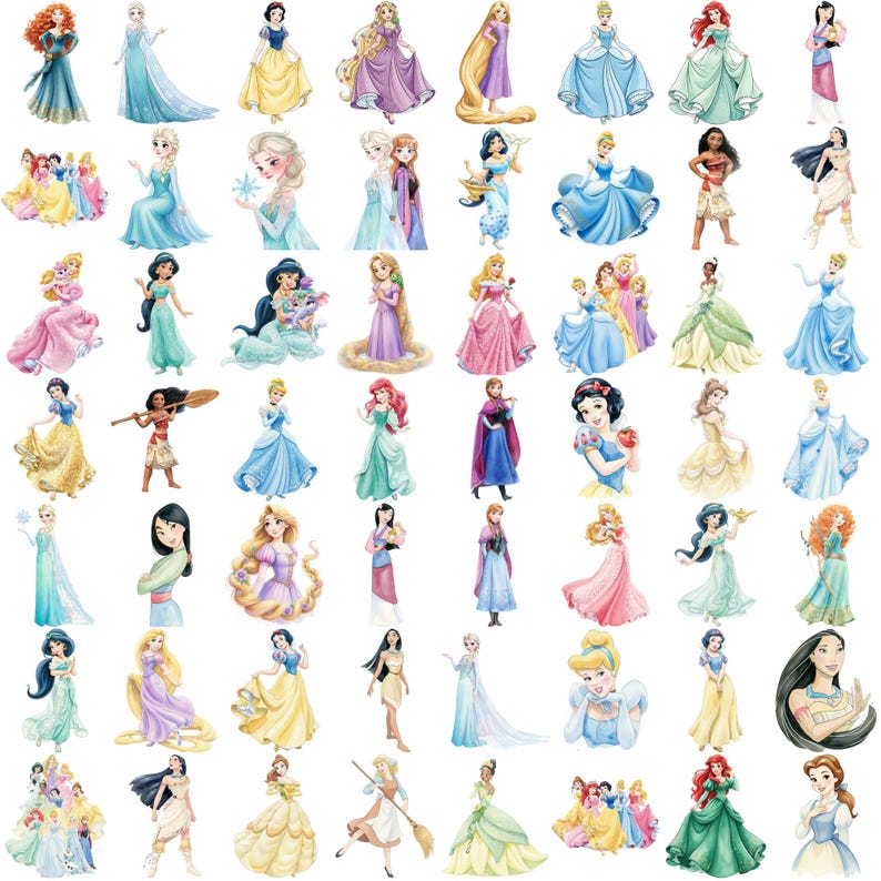 K&ouml;nnte beinhalten: Eine Sammlung von Aquarellillustrationen verschiedener Prinzessinnen in ihren charakteristischen Kleidern. Die Bilder zeigen eine Vielzahl von Farben, darunter Blau, Gelb, Rosa und Lila. Die Prinzessinnen sind in verschiedenen Posen dargestellt.