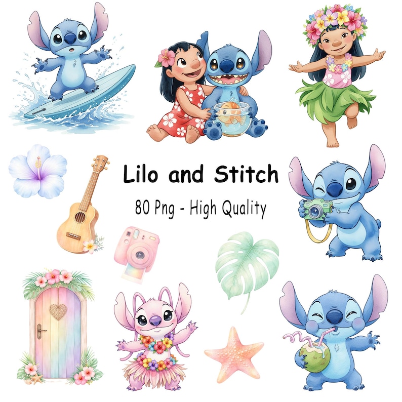Puede incluir: Colecci&oacute;n de ilustraciones en acuarela con personajes de Lilo & Stitch. Las im&aacute;genes incluyen a Stitch surfeando, Lilo y Stitch juntos, una ni&ntilde;a con un atuendo de hula, un ukelele, una c&aacute;mara, una puerta y una estrella de mar. El texto dice "Lilo and Stitch 80 Png - High Quality."