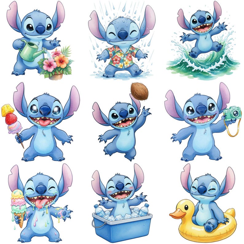 Puede incluir: Nueve ilustraciones en acuarela de un personaje alien&iacute;gena azul en varias poses veraniegas. El personaje se muestra con una regadera, bajo la lluvia, saltando en el agua, sosteniendo un coco y con helado.