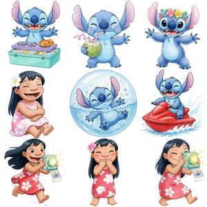 Puede incluir: Nueve ilustraciones coloridas del personaje de Disney Stitch y Lilo. Stitch se representa en varias poses, incluyendo disfrutando de una bebida, montando una moto acu&aacute;tica y en una burbuja. Lilo se muestra sonriendo y tomando fotos.