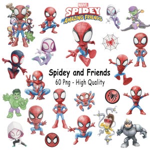 Puede incluir: Una colección de ilustraciones digitales de Marvel Spidey and His Amazing Friends con varias poses de personajes, incluyendo Spider-Man, Ghost-Spider, Hulk y villanos. El texto dice Marvel Spidey and His Amazing Friends y Spidey and Friends 60 Png - High Quality.