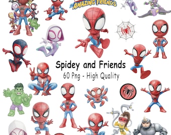 スパイダーマンと仲間たちの水彩画クリップアートバンドル、スーパーヒーローPNG（デジタルダウンロード）