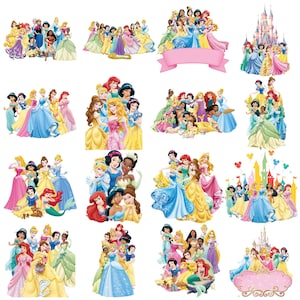 May include: A collection of stickers featuring various animated princesses in colourful gowns, including groupings of characters in different poses, a large pink castle, and decorative pink banners with ornate gold scrollwork borders.