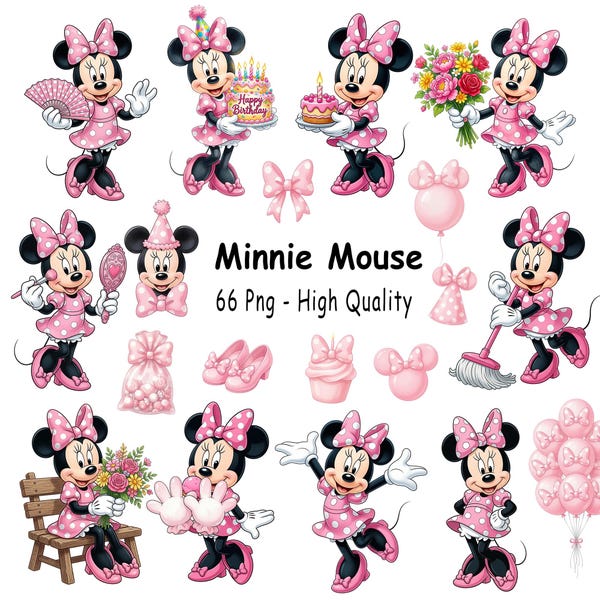 Minnie Maus Rosa Aquarell Niedlich Digital Kit, 60+ Elemente, PNG 300 DPI, Baby Minnie Rosa, Digital Kit, Aquarell Clipart für Kinder