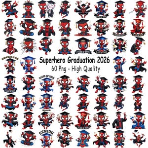 Puede incluir: Ilustraciones de Spider-Man en poses de graduación, con birretes y togas. Incluye el texto "Superhero Graduation 2026" y "Class of 2026". Se indica que son 60 archivos PNG de alta calidad.