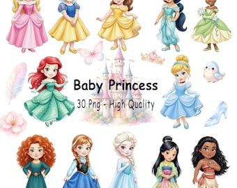 小さな赤ちゃんプリンセスのクリップアートバンドル、30枚のPNG形式の童話の女の子、絵本のプリンセスのクリップアート、子供のパーティー、保育園の装飾、商用利用可