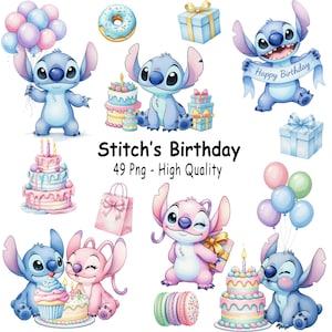 Stitch födelsedag akvarell clipart, söt digital kit, 300 DPI PNG, Stitch födelsedag akvarell samling söt digital konst