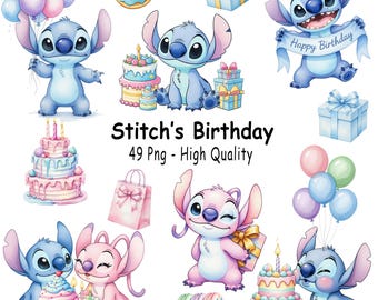 スティッチの誕生日水彩クリップアート、かわいいデジタルキット、300 DPI PNG、スティッチの誕生日水彩コレクションかわいいデジタルアート