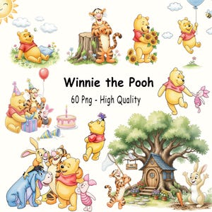 May include: A collection of colorful Winnie the Pooh character illustrations. The image includes Pooh, Tigger, Piglet, Eeyore, and Rabbit in various poses, with a birthday cake, balloons, and a treehouse. Text reads "Winnie the Pooh 60 Png - High Quality."