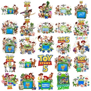 Puede incluir: Una colección de gráficos digitales de Toy Story 5 con Woody, Buzz Lightyear, Jessie y otros personajes. Las imágenes incluyen varios marcos con forma de rana verde, algunos con texto como Hi, Hooray, Bonnie's New Toy y Technically Awesome.