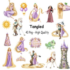 May include: A collection of digital illustrations featuring characters and icons from the movie Tangled, including a long-haired woman in a purple dress, a man, a white horse, a green chameleon, a tall tower, a crown, and a Happy Birthday sign.