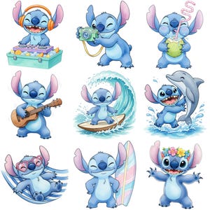 Puede incluir: Una colecci&oacute;n de nueve ilustraciones en acuarela del personaje Stitch en varias poses. Stitch se representa con auriculares, una c&aacute;mara, bebiendo de un coco, tocando el ukelele, surfeando, con un delf&iacute;n, en una hamaca, con una tabla de surf y con una corona de flores.