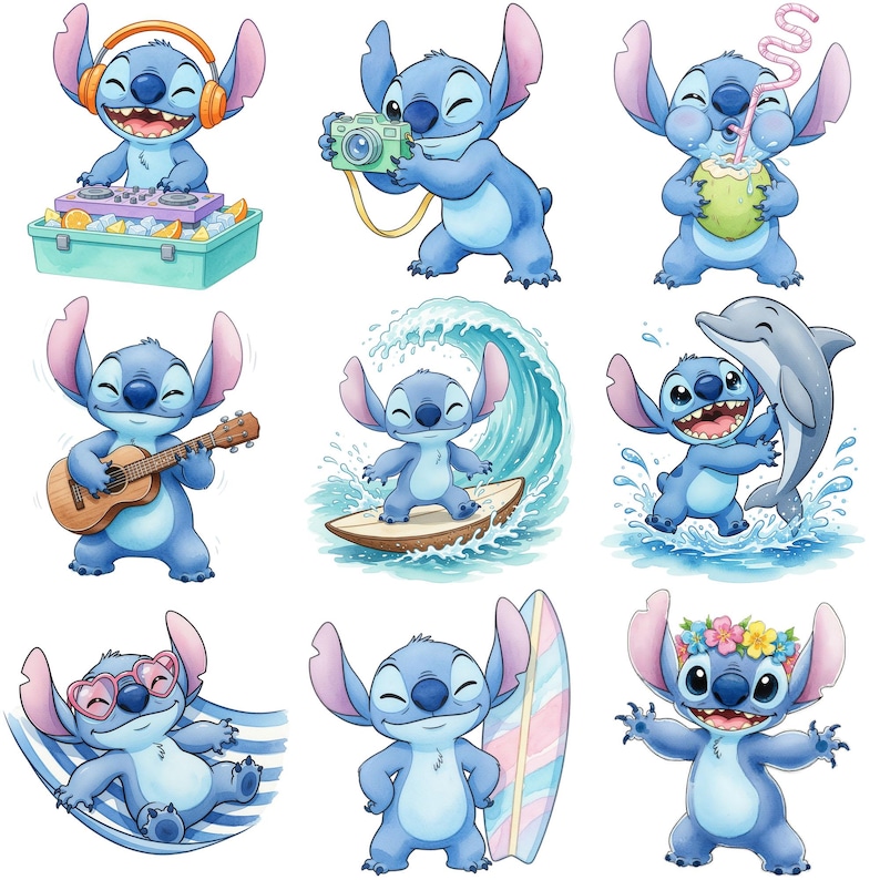 Puede incluir: Una colecci&oacute;n de nueve ilustraciones en acuarela del personaje Stitch en varias poses. Stitch se representa con auriculares, una c&aacute;mara, bebiendo de un coco, tocando el ukelele, surfeando, con un delf&iacute;n, en una hamaca, con una tabla de surf y con una corona de flores.