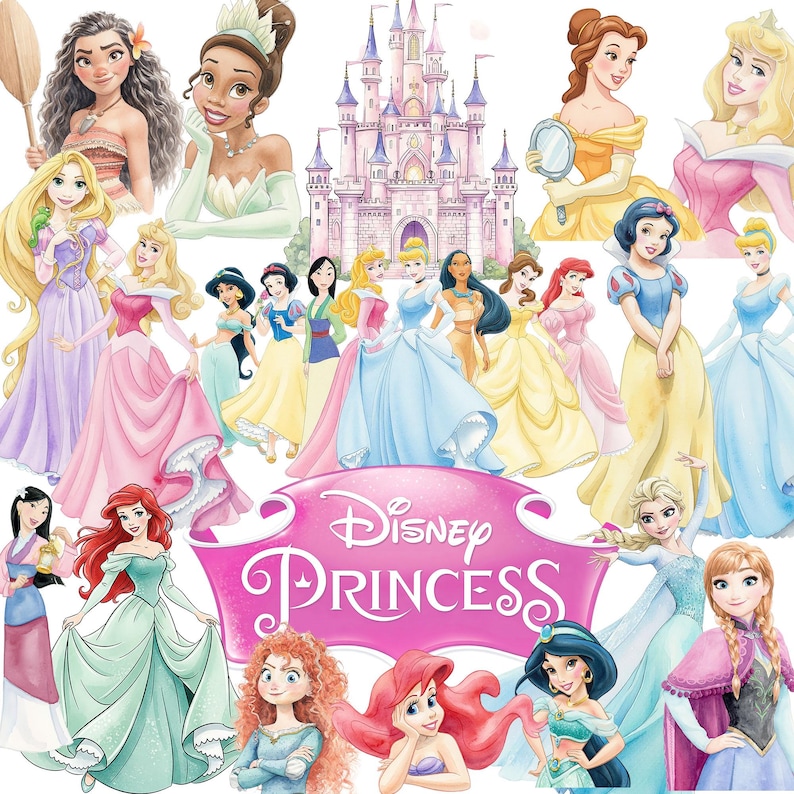 K&ouml;nnte beinhalten: Eine Aquarellillustration mit verschiedenen Disney-Prinzessinnen, darunter Moana, Tiana, Belle und Cinderella. Die Prinzessinnen sind in ihren ikonischen Kleidern dargestellt, mit einem rosa Schloss im Hintergrund und dem Schriftzug "Disney Princess" auf einem rosa Banner.