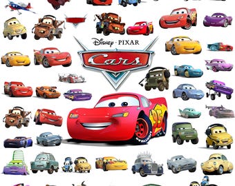 May include: A collection of Disney Pixar Cars characters featuring Lightning McQueen, Mater, and various other vehicles surrounding the central red and silver Cars logo. The image displays a wide array of colorful animated cars, trucks, and planes.