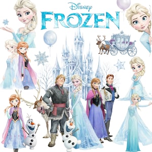 May include: Watercolor illustration featuring characters from Disney's Frozen. The image includes Elsa, Anna, Kristoff, Olaf, and other characters, along with the Frozen logo, a castle, and balloons. The color palette is primarily blue, white, and purple.
