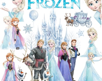 Imágenes prediseñadas PNG de Frozen en acuarela, imágenes prediseñadas de Frozen, Anna, Elsa y Olaf PNG, imágenes PNG de princesas de dibujos animados, imágenes prediseñadas de cumpleaños de Frozen, descarga digital