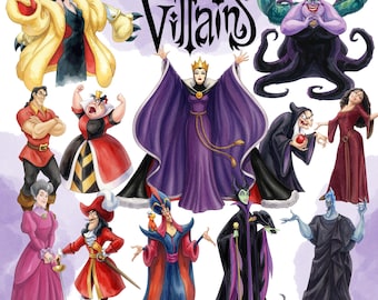 May include: A collection of Disney Villains characters including Cruella de Vil, Ursula, the Evil Queen, Gaston, the Queen of Hearts, Mother Gothel, Lady Tremaine, Captain Hook, Jafar, Maleficent, and Hades, with the text Disney Villains at the top.